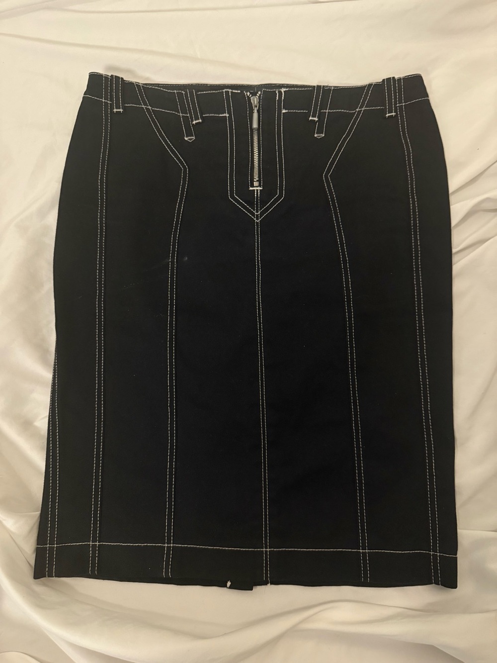 Vintage Armani Jeans Black Pencil Skirt with White Topstitching Front Zip Sz 6